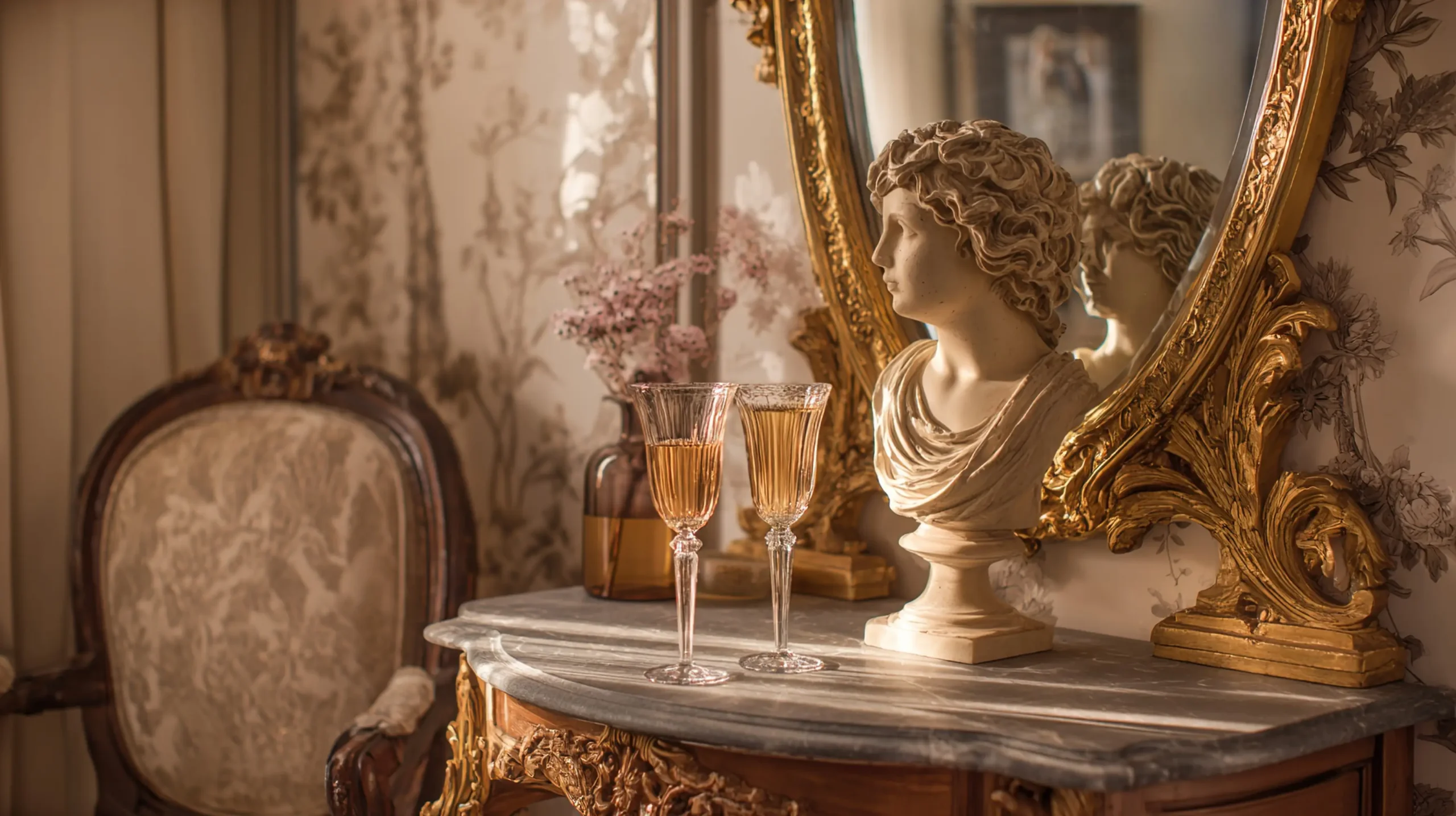 bust sculpture champagne glasses vanity table Horizontal